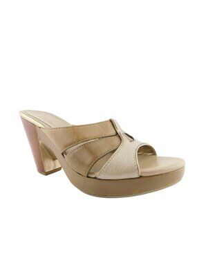 COLE HAAN Taupe & Gold Leather Open Toe Slide Heel Sandals 5.5